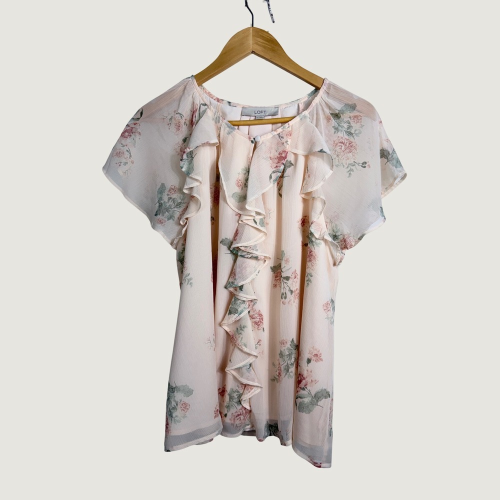 LOFT Blouse Womens Large Pink Floral Ruffle Flutter Sleeve Chiffon Lined Top